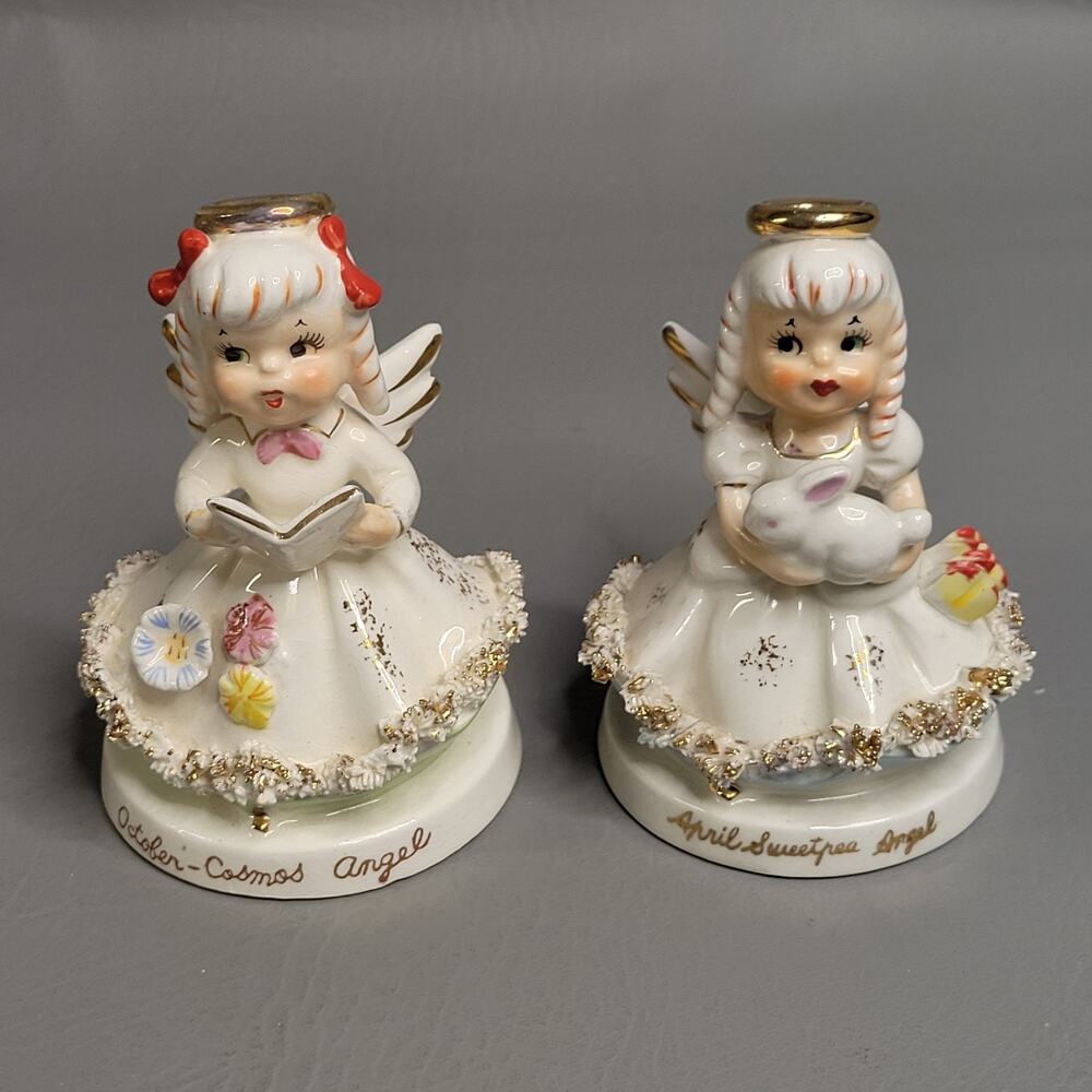 2 Vintage TMJ Angel Month April Sweet Pea October Cosmos Spaghetti Trim Dress
